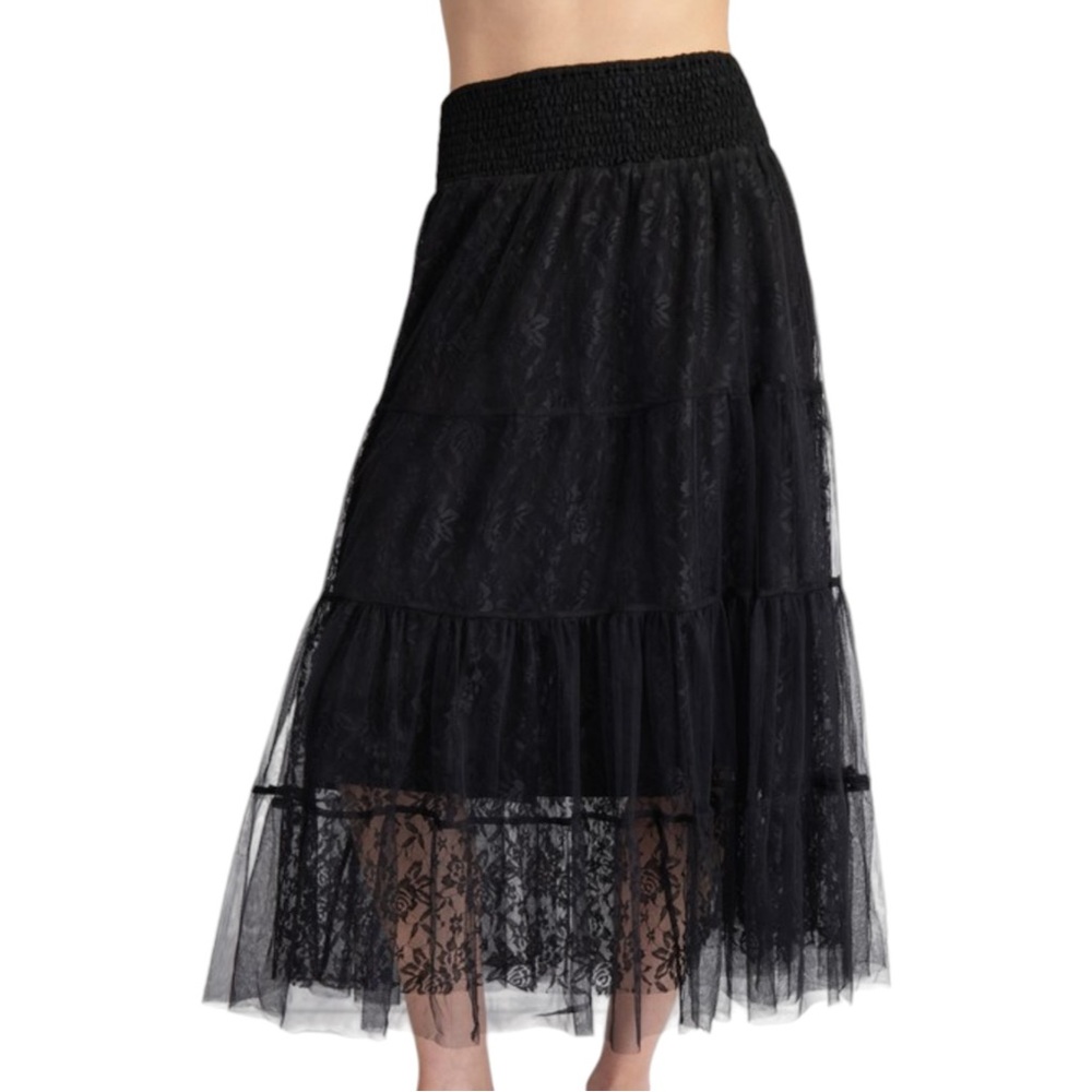 177. Black Lined Lace Smocked Waist Maxi Skirt NWT